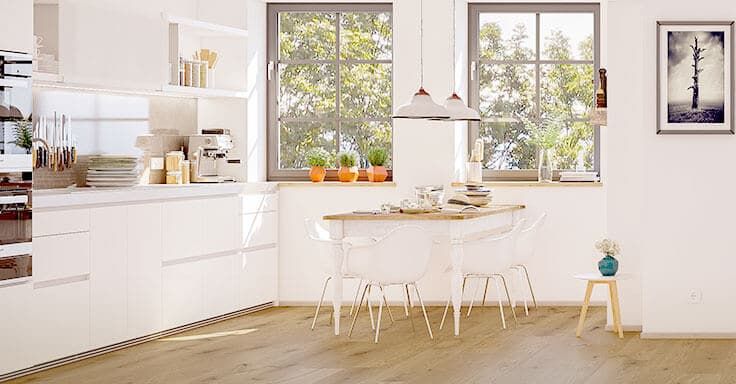weiße Küche mit Esstisch